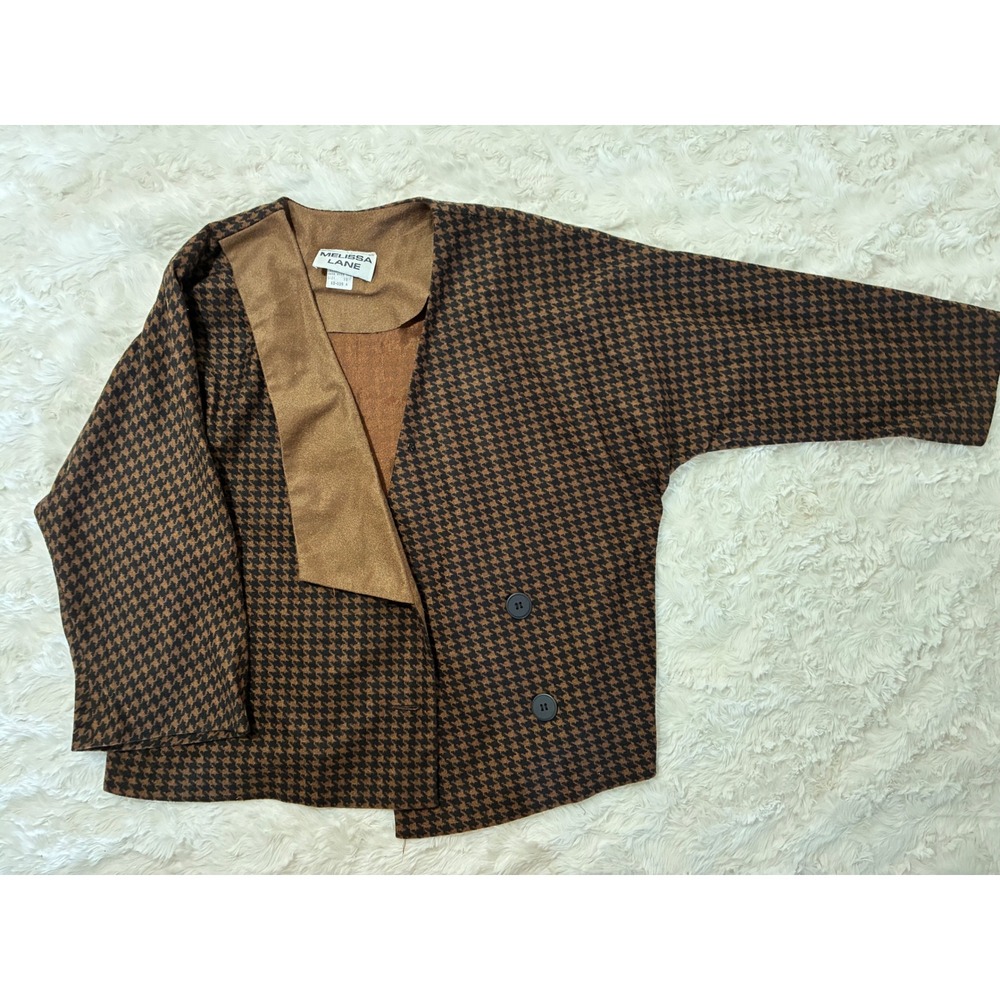 Vintage Melissa Lane Womens Brown Houndstooth Shawl Lapel Blazer Jacket Size 10